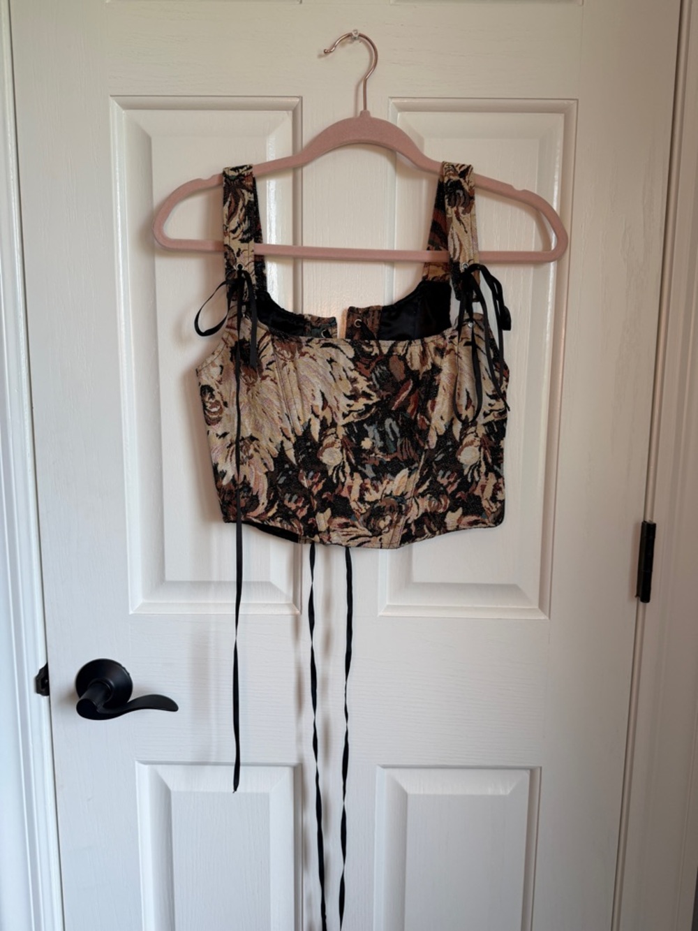 Tapestry Floral Square Neck Crop Top in Black and Cream